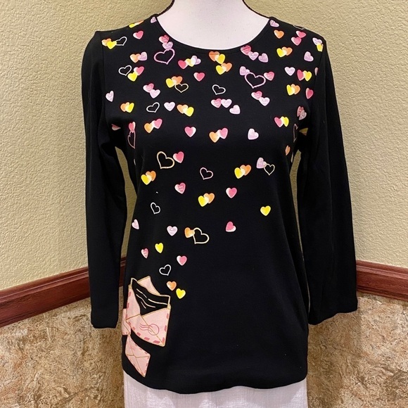 Karen Scott Valentines Black Top With Hearts And Glitter Size Small Candy Hearts - Picture 1 of 8
